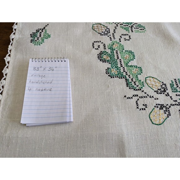 Vintage Linen Hand Embroidered Crocheted edge square tablecloth & napkins 33x34" - Picture 3 of 11